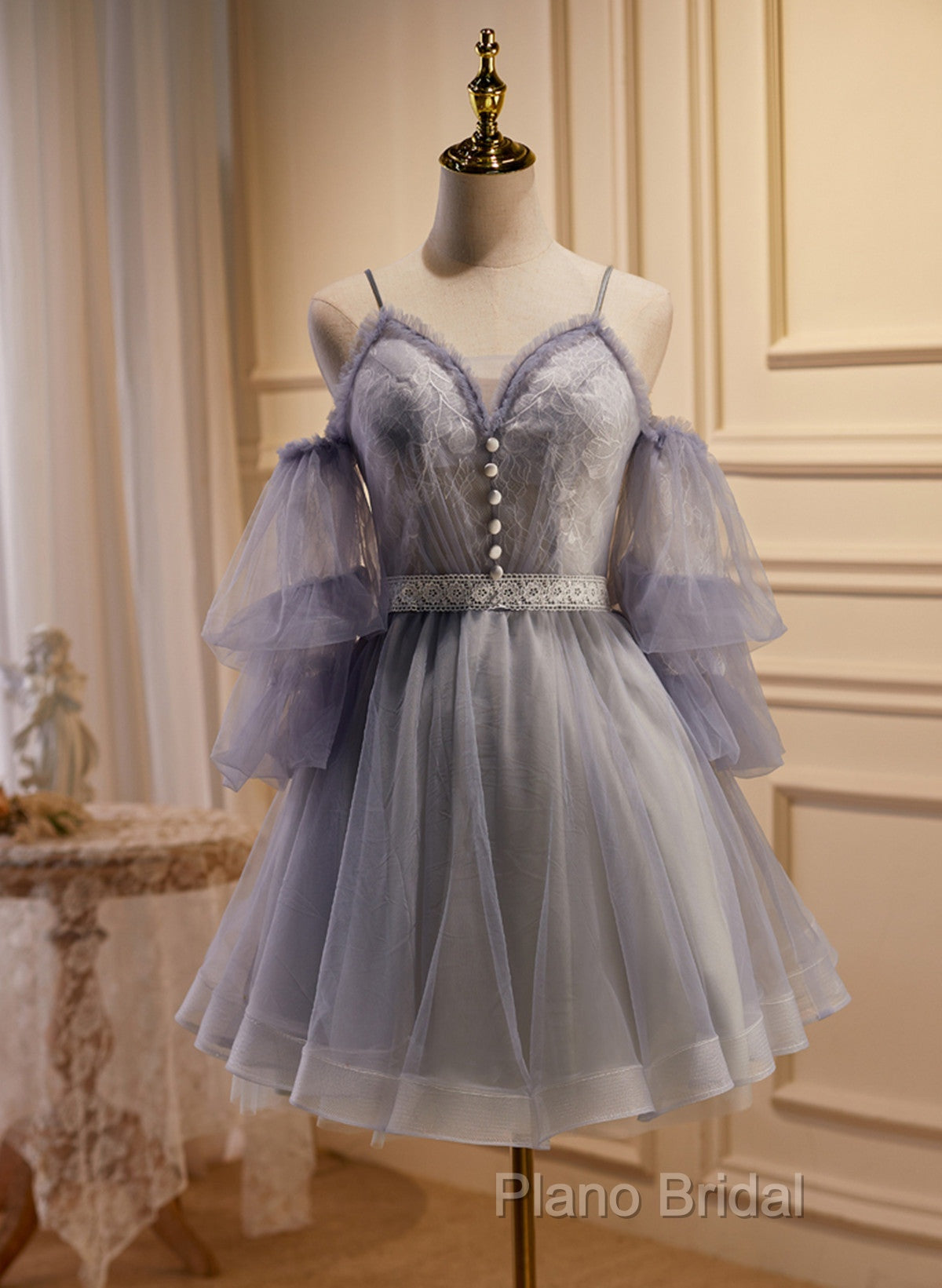 Cute Off Shoulder Tulle And Lace Straps Homecoming Dresses, Short Formal Prom Dresses