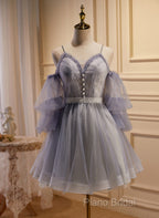 Cute Off Shoulder Tulle And Lace Straps Homecoming Dresses, Short Formal Prom Dresses