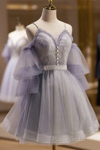 Cute Off Shoulder Tulle And Lace Straps Homecoming Dresses, Short Formal Prom Dresses