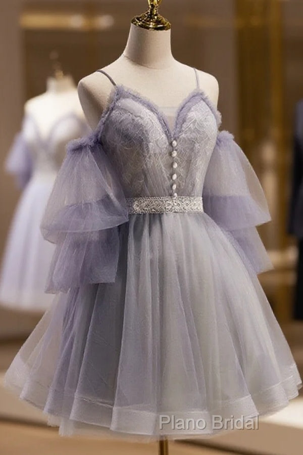 Cute Off Shoulder Tulle And Lace Straps Homecoming Dresses, Short Formal Prom Dresses