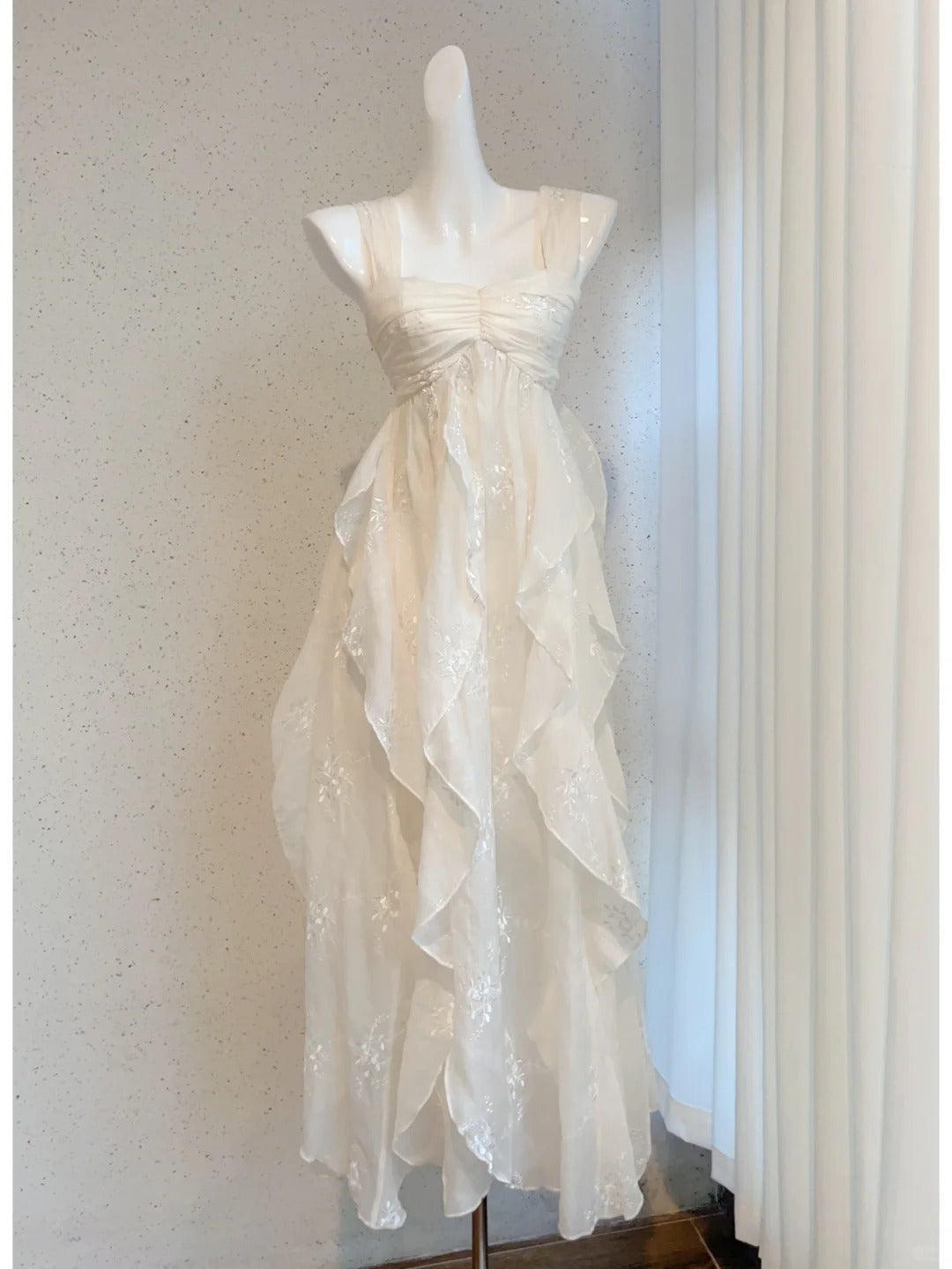Cute Off-White Ruffled Chiffon Long Formal Prom Dresses Bridesmaid Dresses