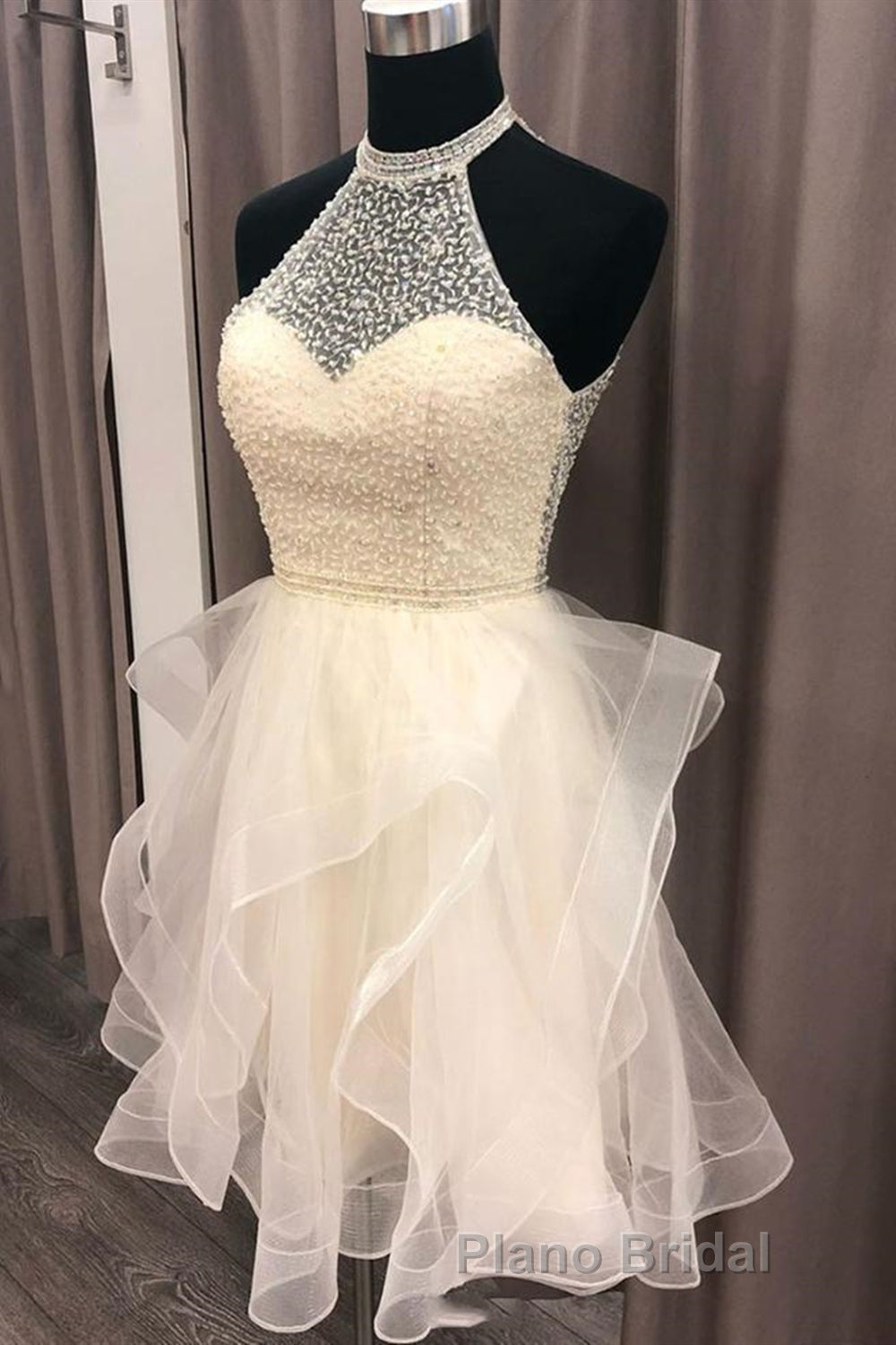 Cute Open Back Champagne Beaded Short Formal Prom Dress, Fluffy Champagne Beaded Homecoming Dress Main image