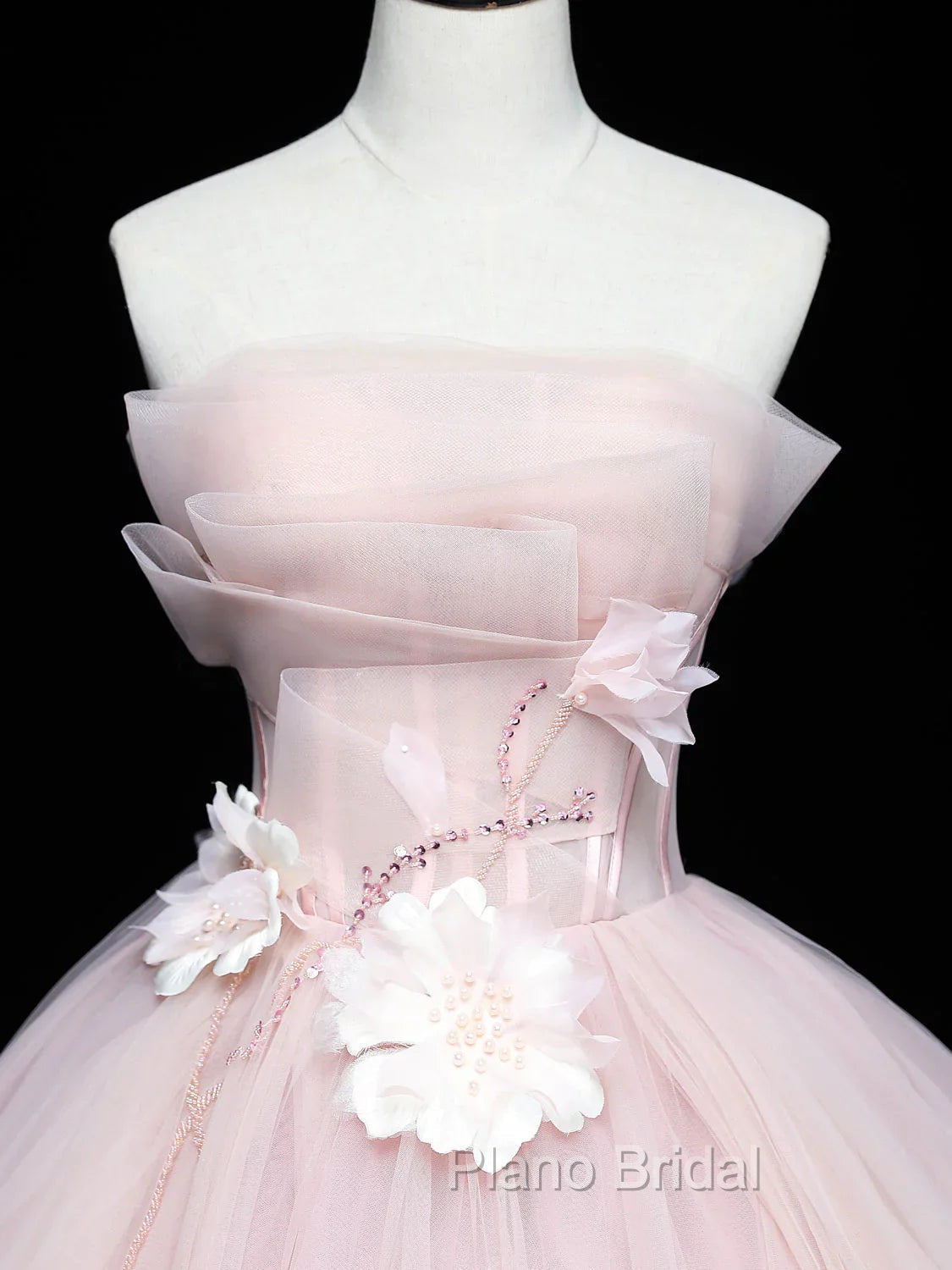Cute Pink Ball Gown Tulle with Flowers Sweet 16 Dresses, Pink Tulle Party Dresses Secondary image