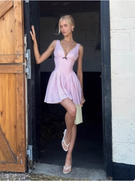 Cute Pink Deep V Polka Dot A-Line Birthday Dresses Homecoming Dresses