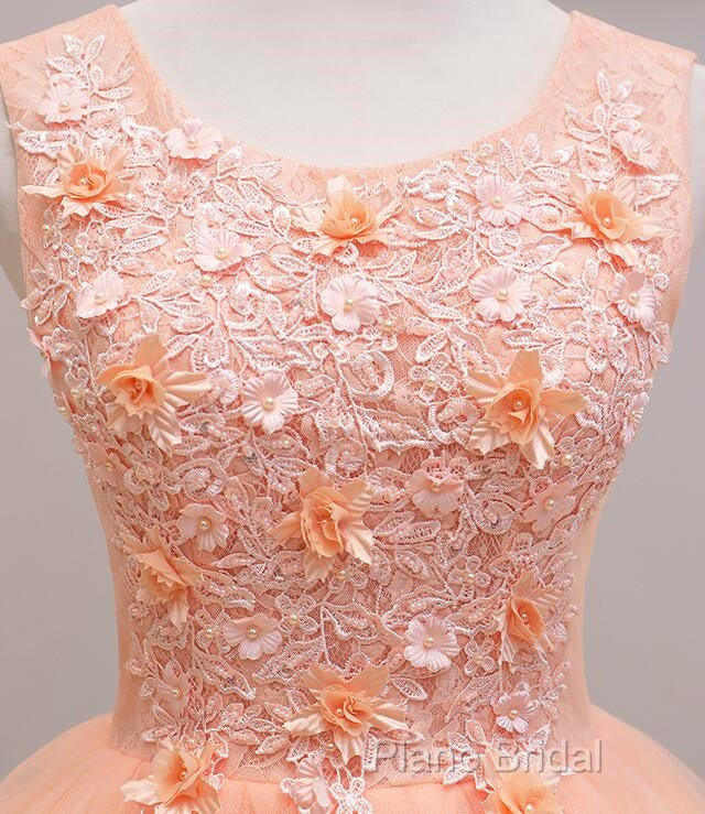 Cute Pink Flowers And Lace Applique Round Neckline Party Dresses, Pink Homecoming Dresses