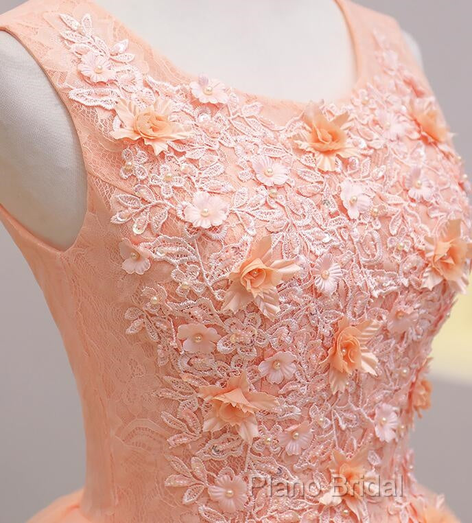 Cute Pink Flowers And Lace Applique Round Neckline Party Dresses, Pink Homecoming Dresses