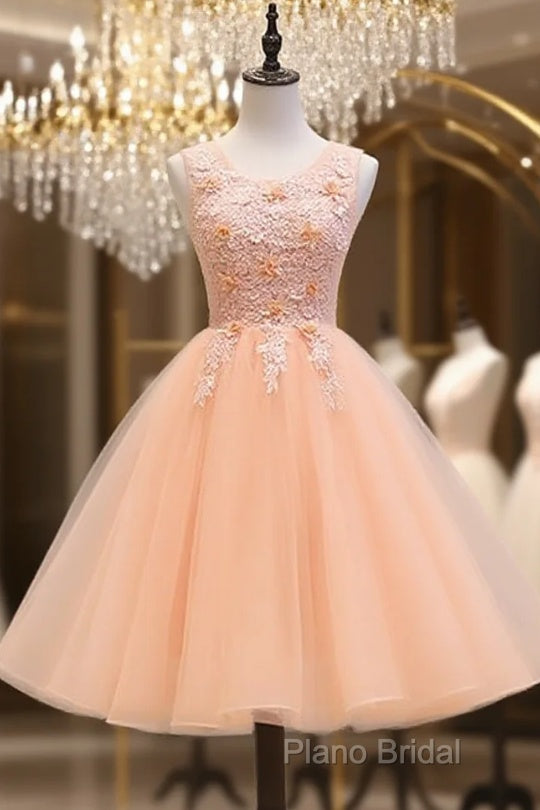 Cute Pink Flowers And Lace Applique Round Neckline Party Dresses, Pink Homecoming Dresses