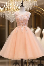 Cute Pink Flowers And Lace Applique Round Neckline Party Dresses, Pink Homecoming Dresses