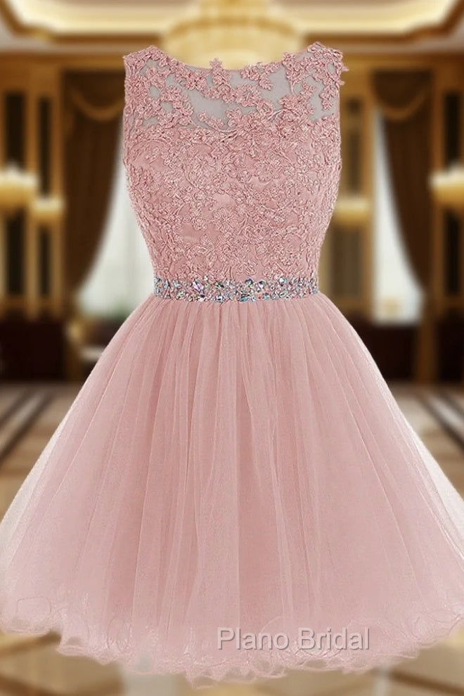 Cute Pink Handmade Tulle Beaded Party Dresses, Pink Homecoming Dresses Main image
