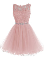 Cute Pink Handmade Tulle Beaded Party Dresses, Pink Homecoming Dresses