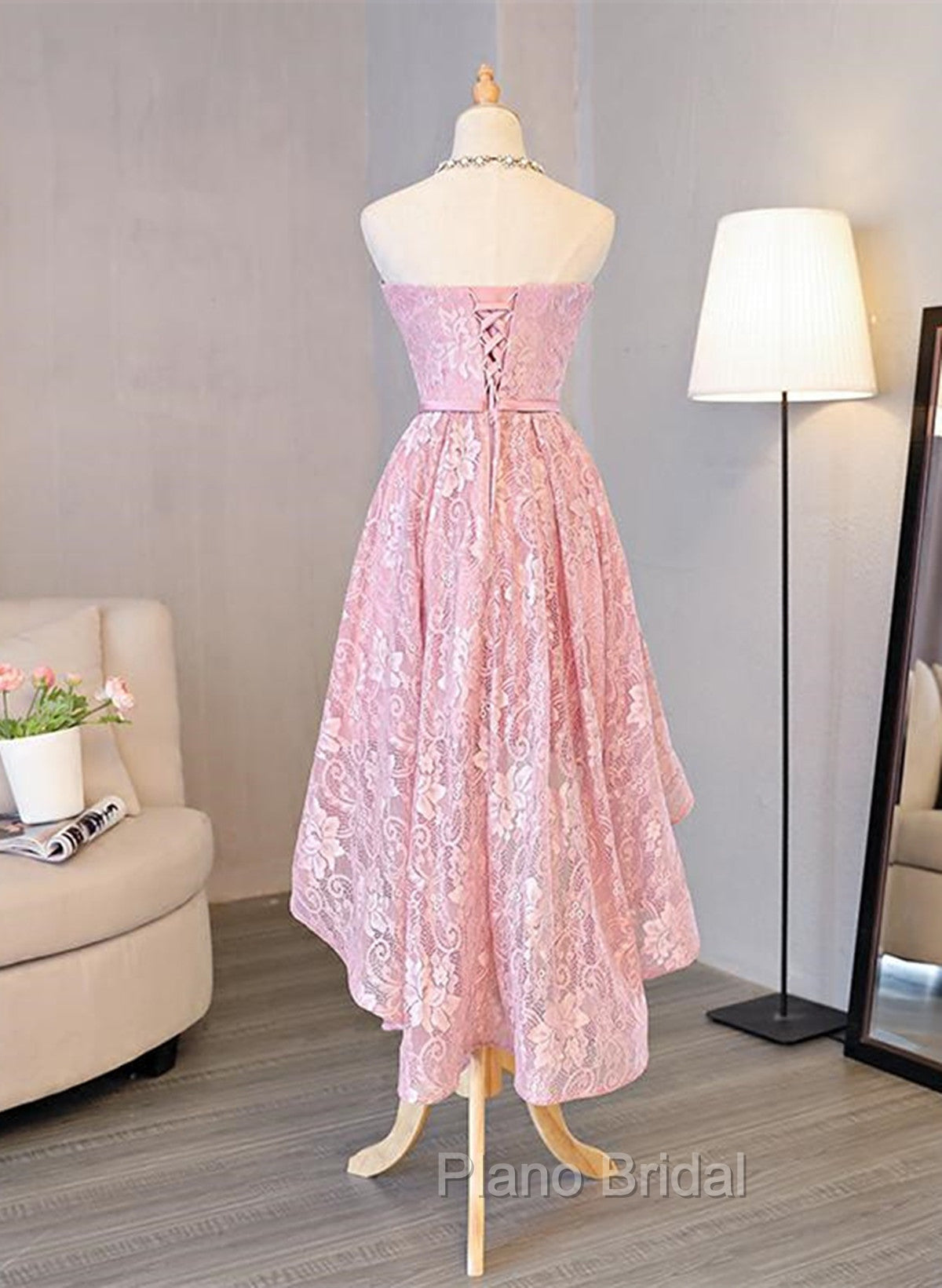 Cute Pink High Low Lace Scoop Homecoming Dresses, Pink Short Formal Prom Dresses Secondary image