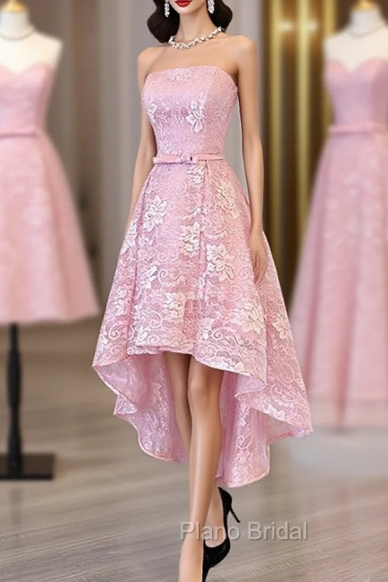 Cute Pink High Low Lace Scoop Homecoming Dresses, Pink Short Formal Prom Dresses