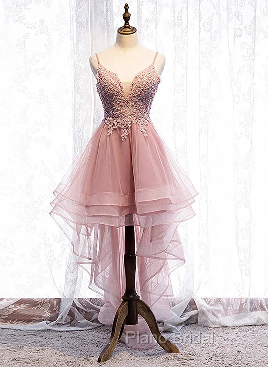 Cute Pink High Low Tulle with Lace Formal Prom Dresses High Low Homecoming Dresses Formal Prom Dresses shops