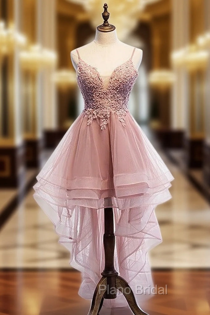 Cute Pink High Low Tulle with Lace Formal Prom Dresses High Low Homecoming Dresses Formal Prom Dresses shops Main image