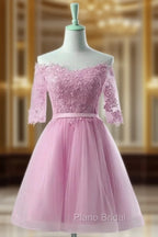 Cute Pink Knee Length Short Sleeves Party Dresses, Tulle Formal Prom Dresses