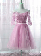 Cute Pink Knee Length Short Sleeves Party Dresses, Tulle Formal Prom Dresses