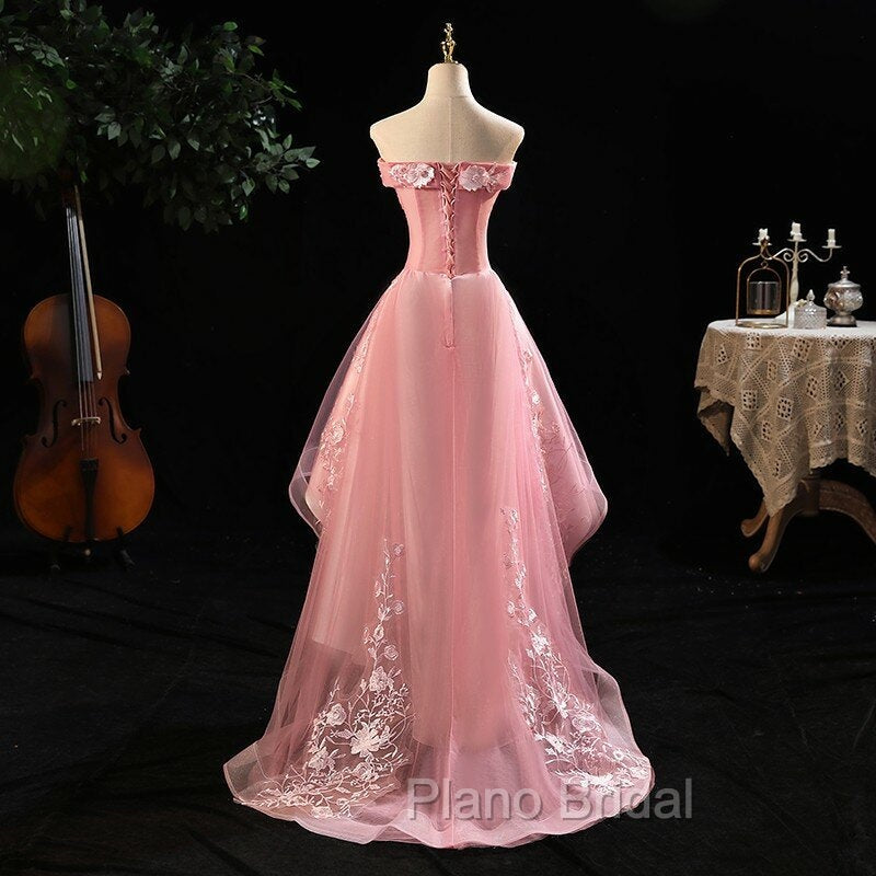 Cute Pink Off Shoulder High Low Tulle with Lace Party Dresses, Pink Homecoming Dresses Secondary image