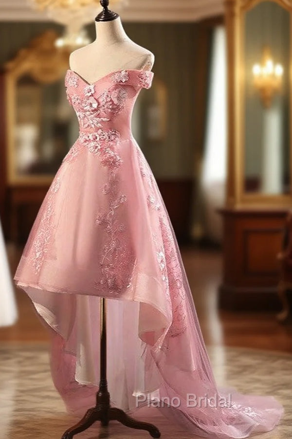 Cute Pink Off Shoulder High Low Tulle with Lace Party Dresses, Pink Homecoming Dresses