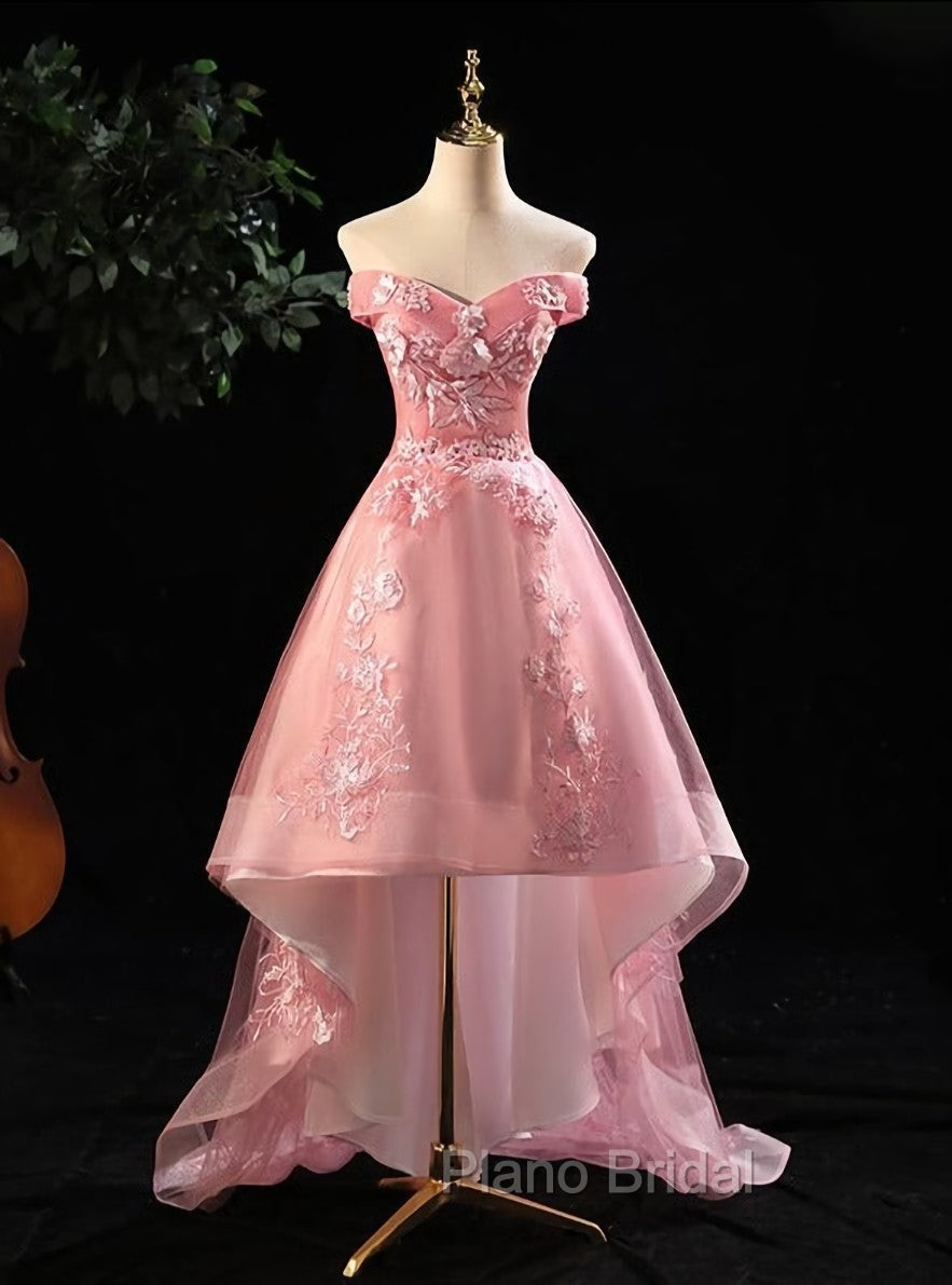 Cute Pink Off Shoulder High Low Tulle with Lace Party Dresses, Pink Homecoming Dresses