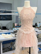 Cute Pink Off-The-Shoulder Beaded Lace Tulle Princess 17Th Birthday Homecoming Dresses