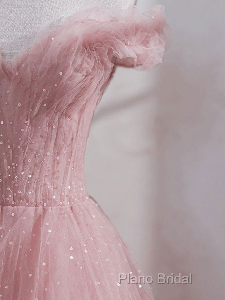 Cute Pink Princess Tulle Sequin Formal Prom Dresses Off The Shoulder Formal Dresses Secondary image