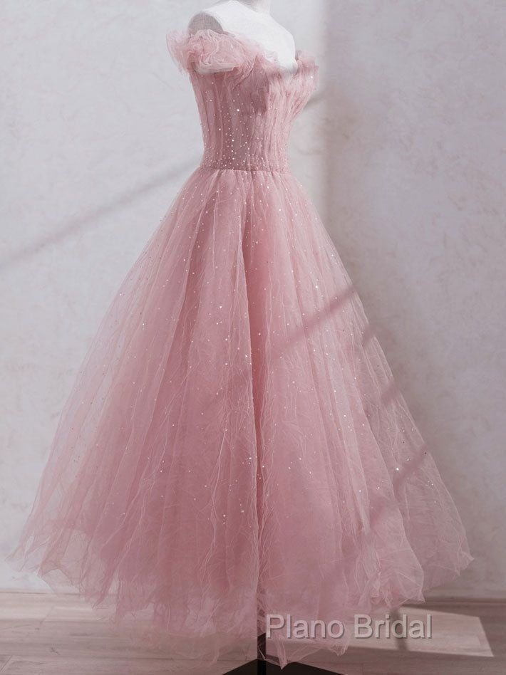 Cute Pink Princess Tulle Sequin Formal Prom Dresses Off The Shoulder Formal Dresses