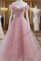 Cute Pink Princess Tulle Sequin Formal Prom Dresses Off The Shoulder Formal Dresses