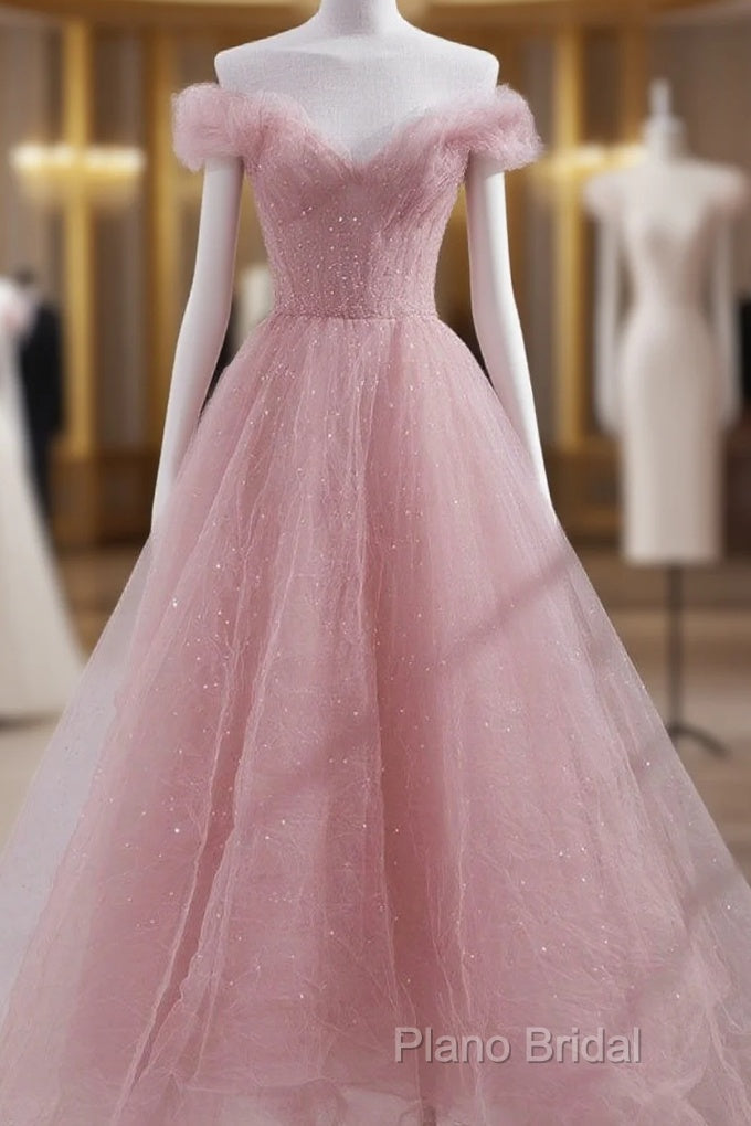 Cute Pink Princess Tulle Sequin Formal Prom Dresses Off The Shoulder Formal Dresses Main image