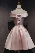 Cute Pink Satin Off Shoulder Knee Length Formal Dresses, Lovely Formal Prom Dresses