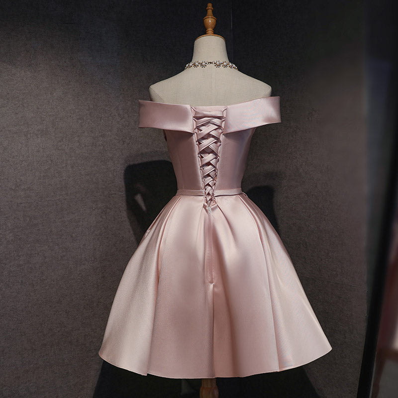 Cute Pink Satin Off Shoulder Knee Length Formal Dresses, Lovely Formal Prom Dresses