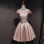 Cute Pink Satin Off Shoulder Knee Length Formal Dresses, Lovely Formal Prom Dresses