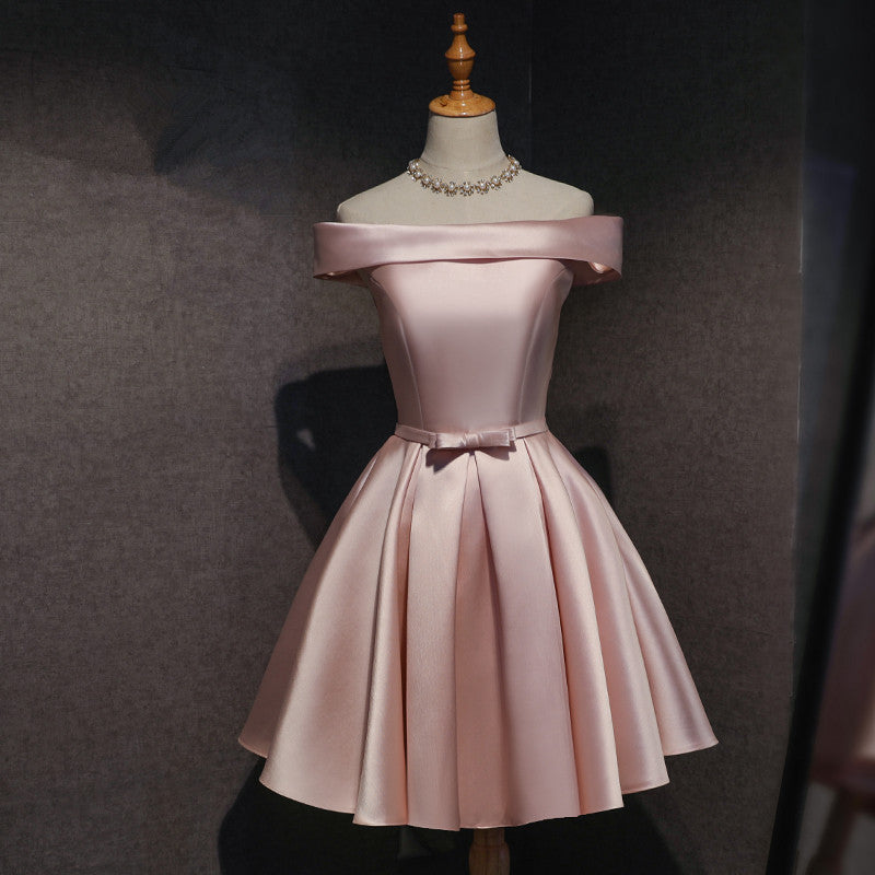 Cute Pink Satin Off Shoulder Knee Length Formal Dresses, Lovely Formal Prom Dresses