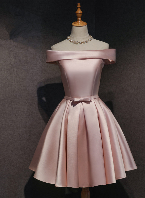 Cute Pink Satin Off Shoulder Knee Length Formal Dresses, Lovely Formal Prom Dresses Main image