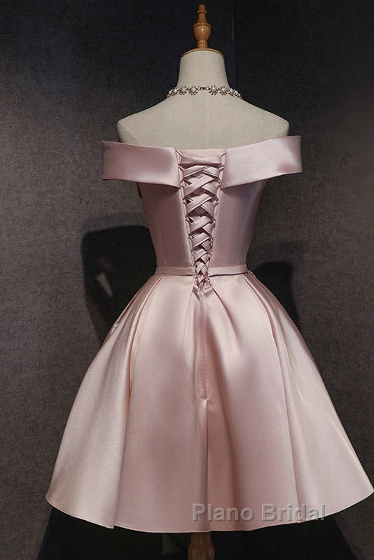 Cute Pink Satin Off Shoulder Knee Length Formal Dresses, Lovely Formal Prom Dresses Secondary image