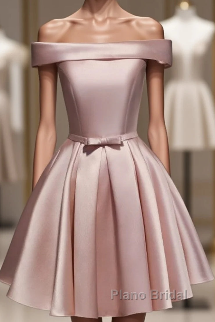Cute Pink Satin Off Shoulder Knee Length Formal Dresses, Lovely Formal Prom Dresses Main image