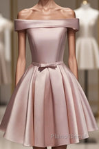 Cute Pink Satin Off Shoulder Knee Length Formal Dresses, Lovely Formal Prom Dresses