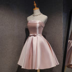 Cute Pink Satin Scoop Knee Length Short Formal Prom Dresses Homecoming Dresses, Pink Formal Dresses