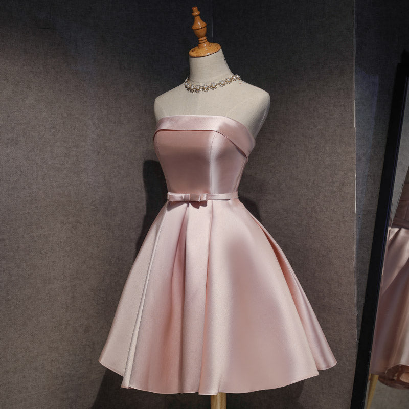 Cute Pink Satin Scoop Knee Length Short Formal Prom Dresses Homecoming Dresses, Pink Formal Dresses
