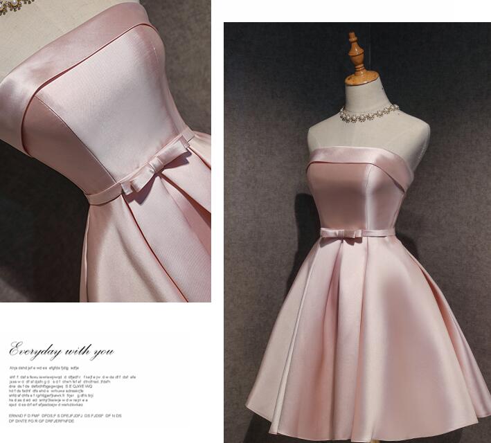 Cute Pink Satin Scoop Knee Length Short Formal Prom Dresses Homecoming Dresses, Pink Formal Dresses