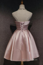 Cute Pink Satin Scoop Knee Length Short Formal Prom Dresses Homecoming Dresses, Pink Formal Dresses