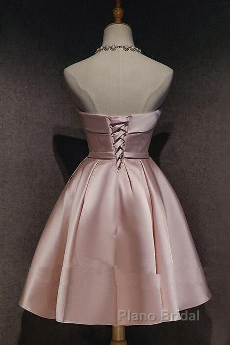 Cute Pink Satin Scoop Knee Length Short Formal Prom Dresses Homecoming Dresses, Pink Formal Dresses