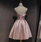 Cute Pink Satin Scoop Knee Length Short Formal Prom Dresses Homecoming Dresses, Pink Formal Dresses