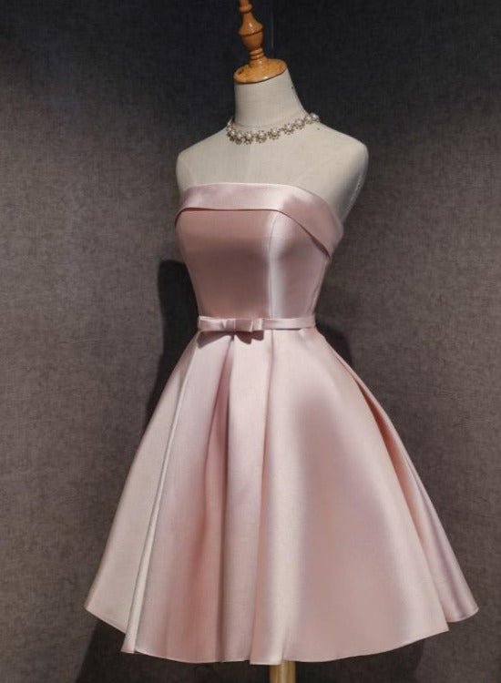 Cute Pink Satin Scoop Knee Length Short Formal Prom Dresses Homecoming Dresses, Pink Formal Dresses