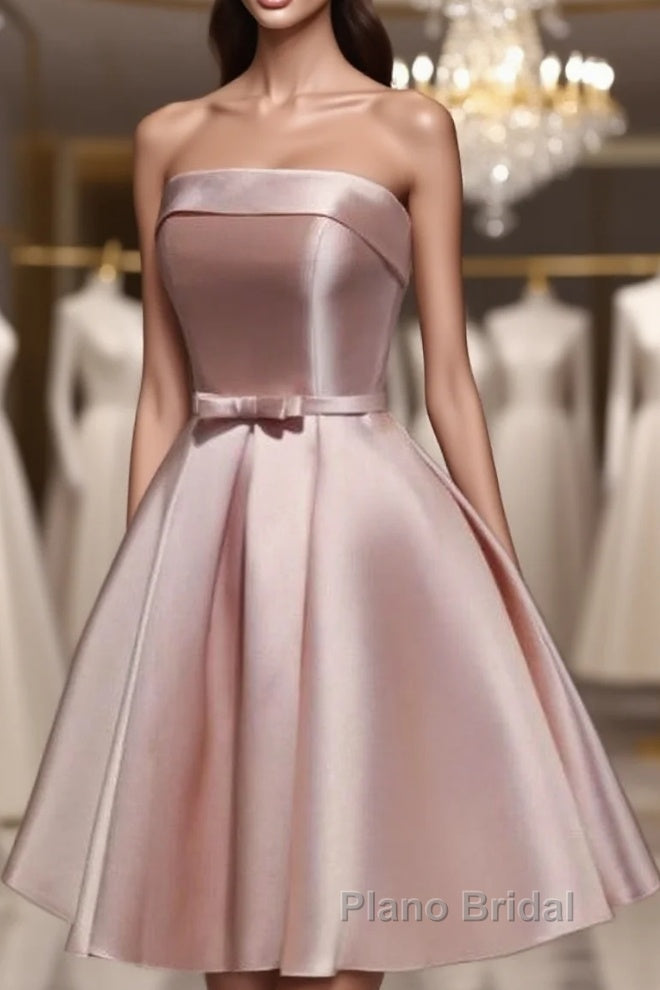 Cute Pink Satin Scoop Knee Length Short Formal Prom Dresses Homecoming Dresses, Pink Formal Dresses Main image