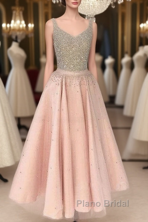 Cute Pink Sequin Tea-Long Formal Prom Dresses, Pink Sequin Formal Dresses For Teens Main image