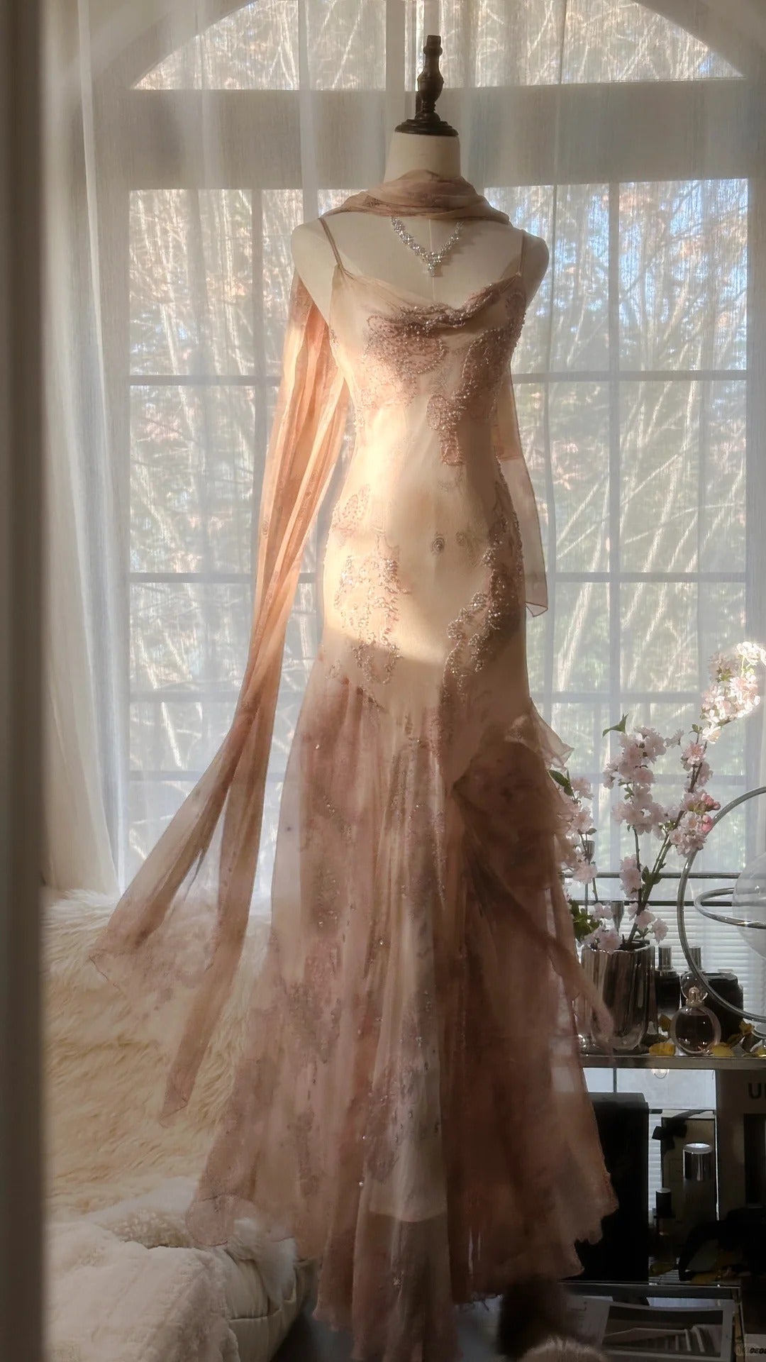 Cute Pink Shoulder Strap Flowing Ribbon Chiffon Beaded Long Formal Prom Dresses