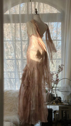 Cute Pink Shoulder Strap Flowing Ribbon Chiffon Beaded Long Formal Prom Dresses