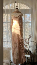 Cute Pink Shoulder Strap Flowing Ribbon Chiffon Beaded Long Formal Prom Dresses