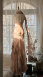 Cute Pink Shoulder Strap Flowing Ribbon Chiffon Beaded Long Formal Prom Dresses