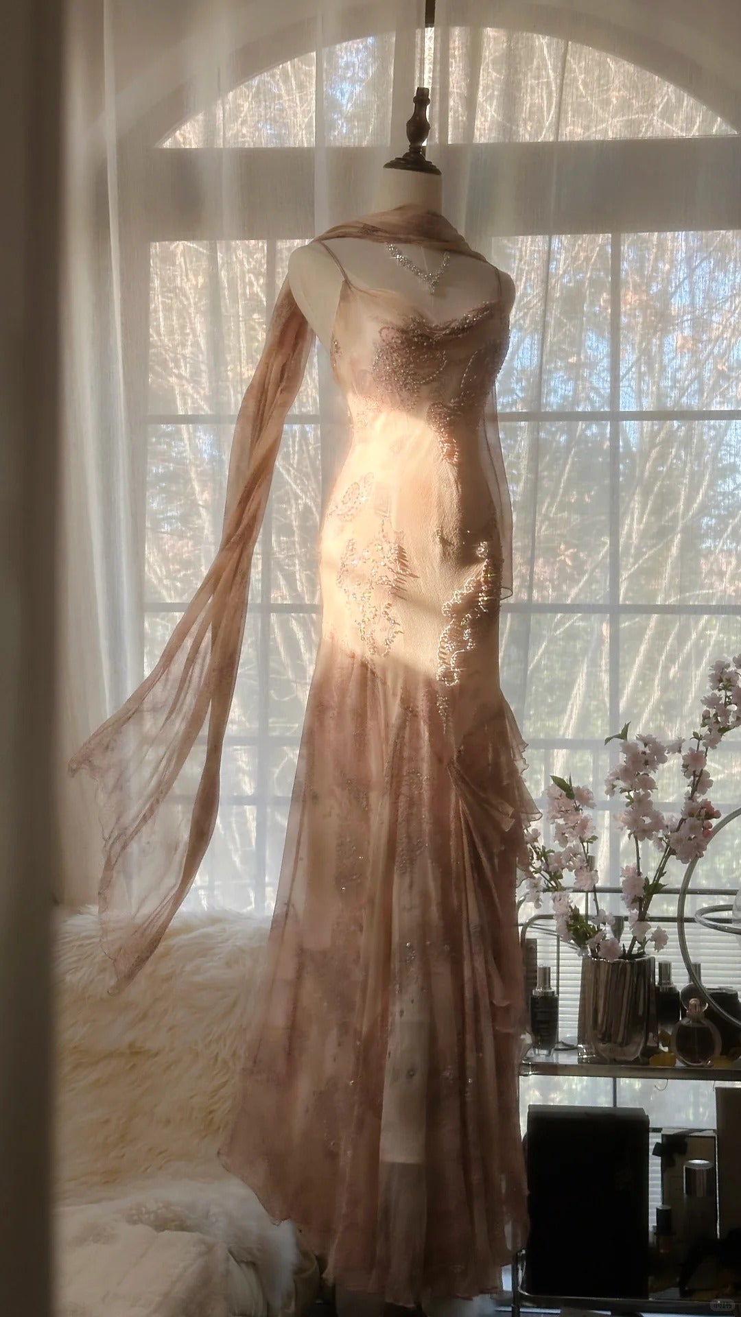 Cute Pink Shoulder Strap Flowing Ribbon Chiffon Beaded Long Formal Prom Dresses